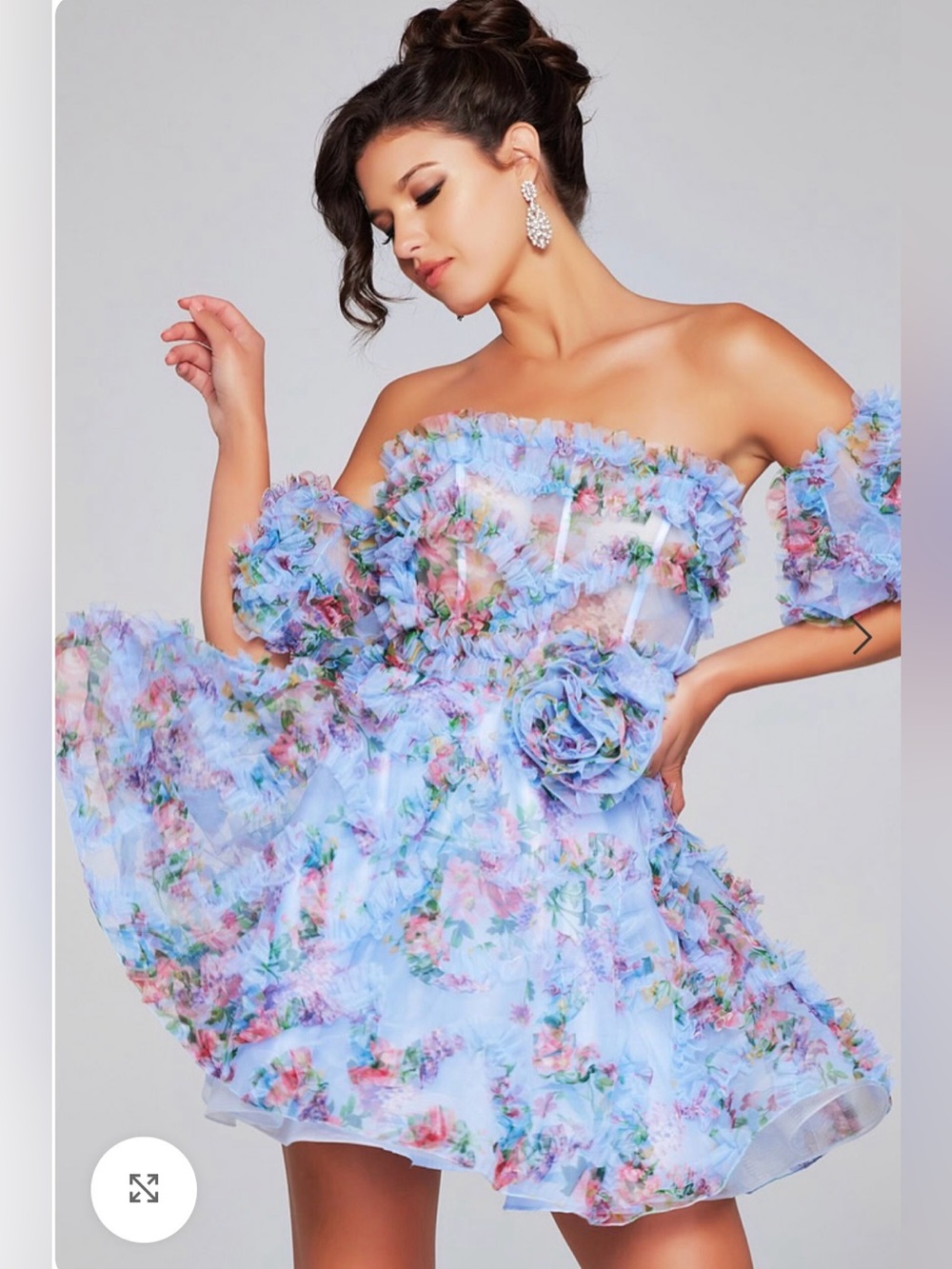 Jovani Strapless Floral Ruffled Mini Dress in Light Blue